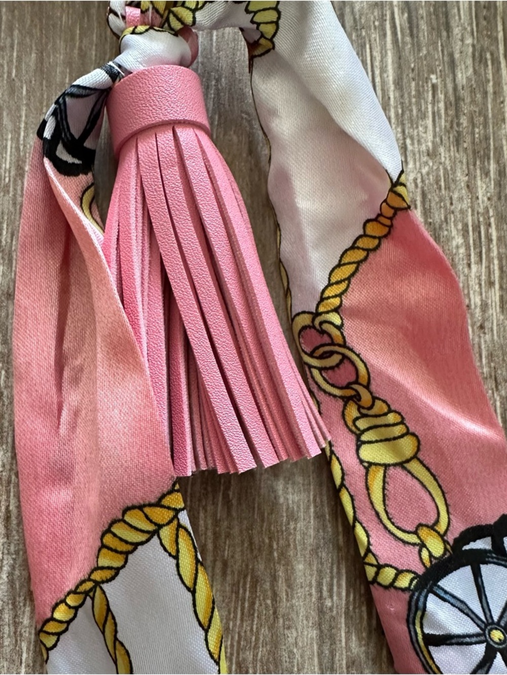 Pink Scarf Tassel Bag charm/ Keychain with Tan Leather Sandal Charm - Picture 3 of 5
